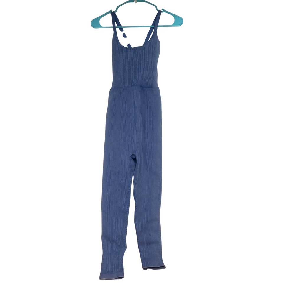 Fabletics Womens Blue Ribbed Mineral Wash Crisscross Back Activewear‎ Jumpsuit